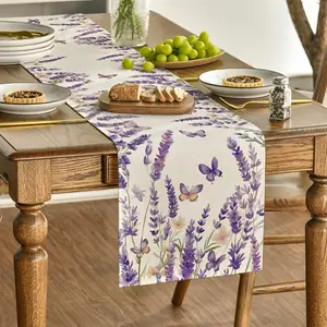 Linen 100% Rectangle Table Runner Purple Lavender & Butterflies Spring Summer Theme Woven Floral Design Home Party Decor