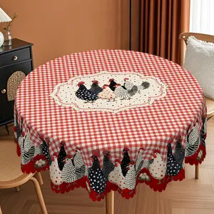 1pc Red Checkered Chicken Pattern Printed Tablecloth, Autumn And Winter Countryside Farmhouse Rooster Hen Pattern Tablecloth, Thanksgiving Day Party Outdoor Decoration, Kitchen Accessories, Farm Themed Chicken Decoration Home Gift table  linens