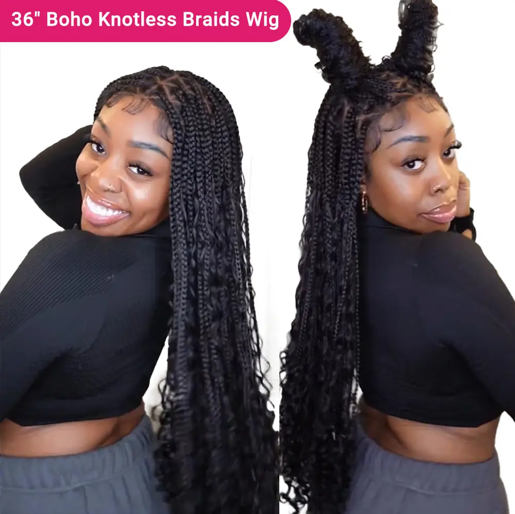 36" Triangle Top Boho Knotless Goddess Braids Wig From YMSGIRL, Full Lace With Baby Hair, Curly Ends, Natural Look, Effortless Elegance, Parties & Vacations!