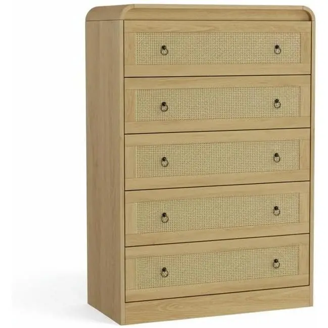 Modern 5 Drawer Rattan Dresser – Rounded Corner Wooden Chest – Multi-Use Storage Cabinet for Bedroom, Living Room, or Hallway – TV Stand