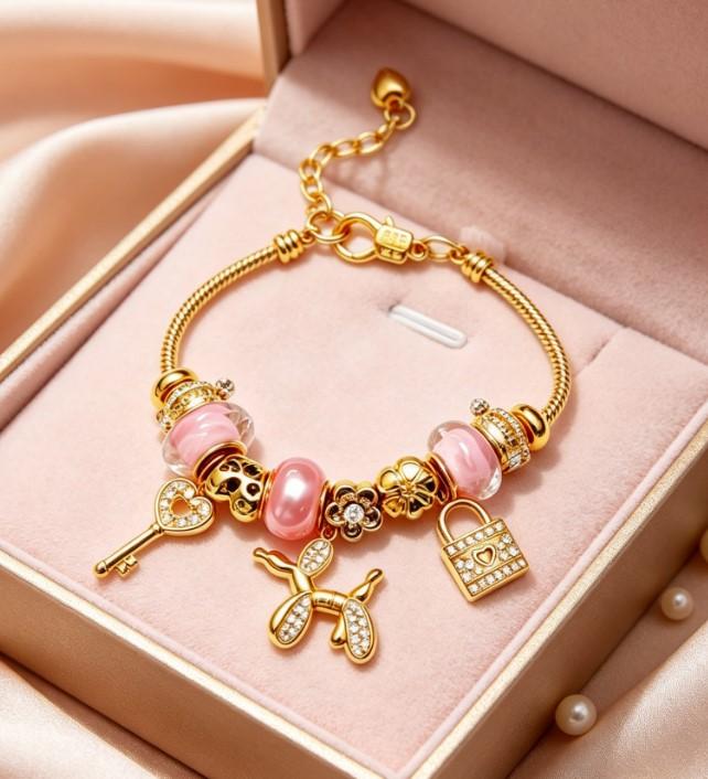 Pink Pearl Balloon Dog Charm Bracelet, Shiny Golden Snake Chain Beaded Bracelet with Lock Key Flower Pendant, Elegant Women Jewelry Gift Box Packed