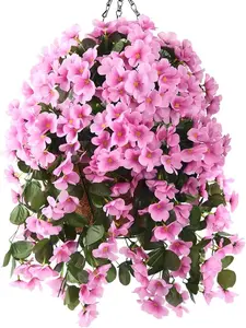 RZHfffhua Artificial Hanging Flowers in Basket for Patio Garden Decor,Artificial Plant with Coconut Lining Hanging Baskets,Begonia Flower for The Decoration of Outdoors and Indoors(Pink)