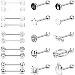 YADOCA 20 Pcs 14G Tongue Bars for Women Men Surgical Steel Nipple Bars Tongue Bar Piercing Set Silver/Black Straight Barbell Piercing Jewellery 16mm