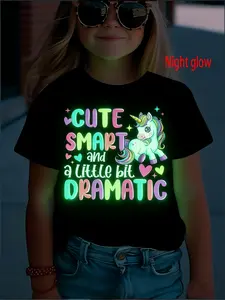 Girls' Creative Cartoon & Text Glow-In-The-Dark T-Shirt, Fitted Short Sleeve Design, All-Season Casual Wear, Random Print Style