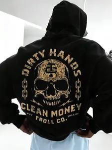 Dirty Hands Clean Money Vintage Skull Hoodie, Faded Print, Retro Slogan Y2K Grunge Jacket, Casual Daily Wear