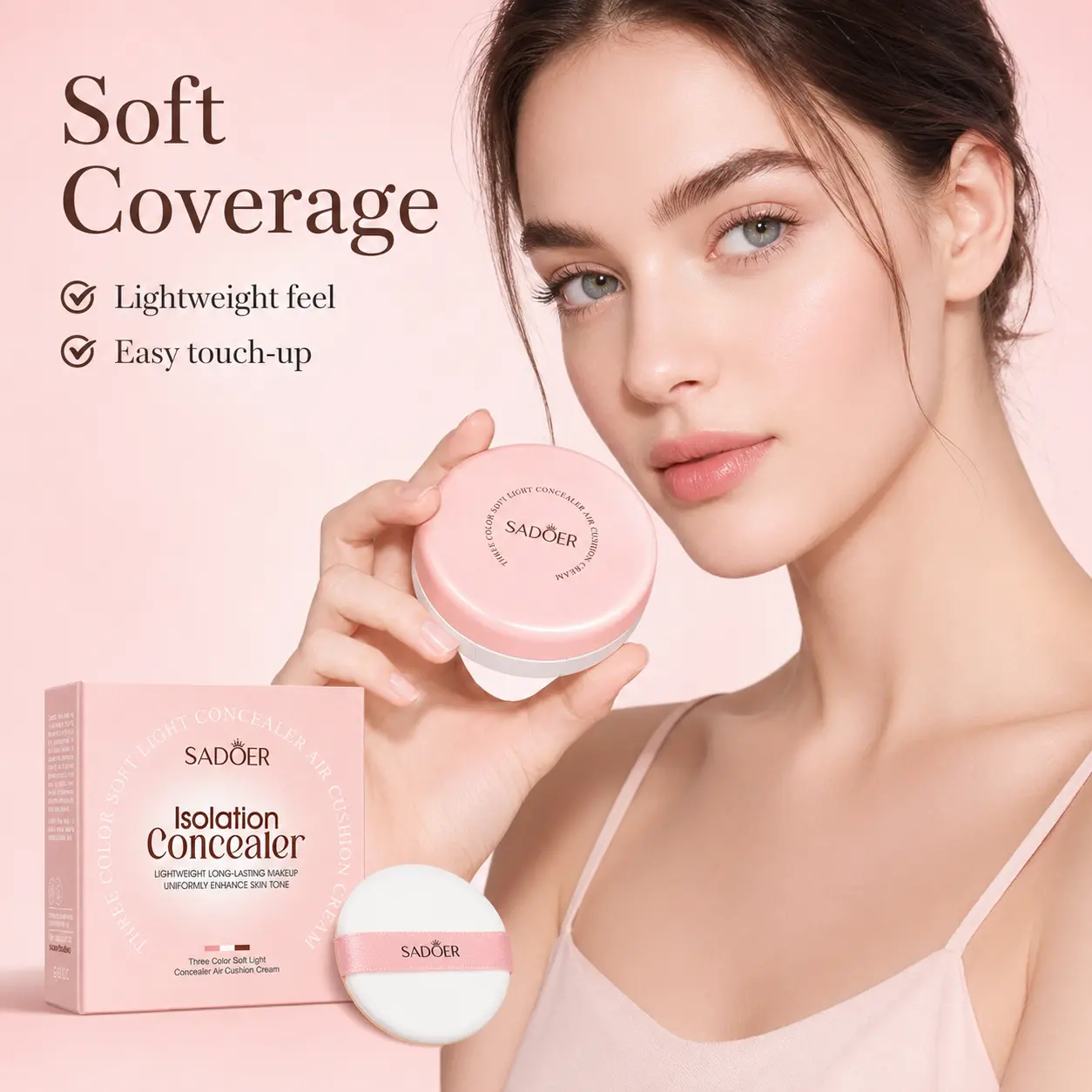 3-Color Concealer Air Cushion BB & CC Cream - Buildable Lightweight Soft Cover, Natural Makeup Look Finish, Compact with Mirror & Puff for Daily Use