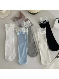 4 Pairs Random Pack Summer Lightweight Solid Color Lace Edge Bow Ankle Socks for Women, Sweet Mid-Calf Socks in Style