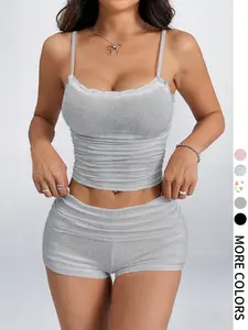 Women's Contrast Lace Ruched Crop Cami Top & Solid Shorts Two-piece Set, Basic Casual Minimalist Adjustable Spaghetti Strap Top & Shorts for Summer, Ladies Clothes for Daily Wear, Womenswear