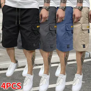 Set of 4 men’s cargo shorts — solid-color cargo shorts with multifunctional practical pockets, non-stretch fabric, regular fit; suitable for casual wear and outdoor activities; summer menswear, men’s shorts, summer shorts.,summervibes