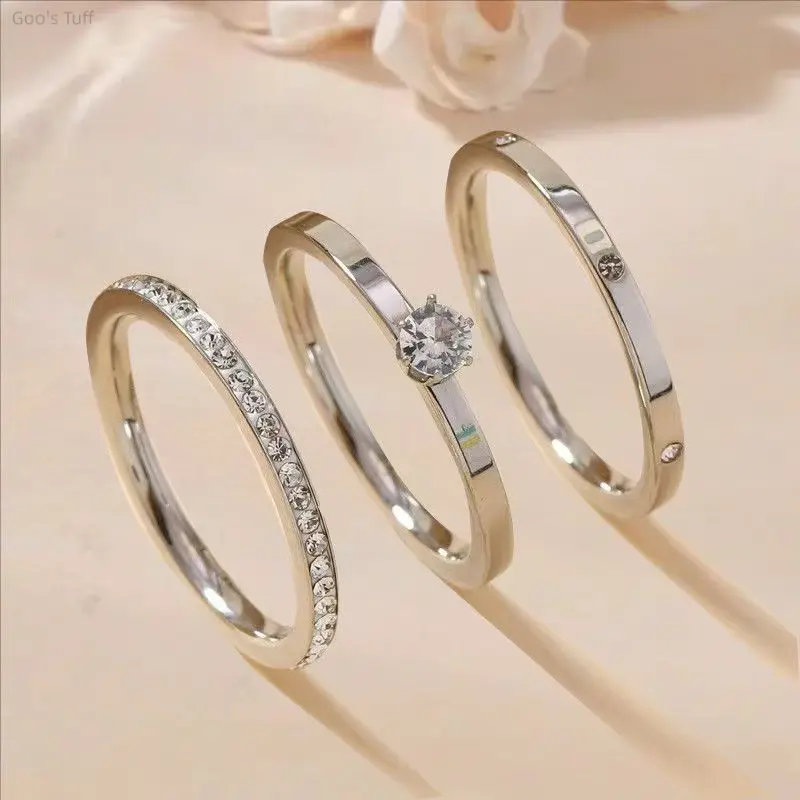 Women's 3-Piece Titanium Steel Stackable Rings Set - Female Elegant Rhinestone Ring, Silver-Tone Plain Bands, Big Rhinestones Inlay, Anti-Fade Smooth Costume Jewelry for Casual, Evening Occasions, Date, Fashion, Party, No, Jewelry Stack, Ring Stack