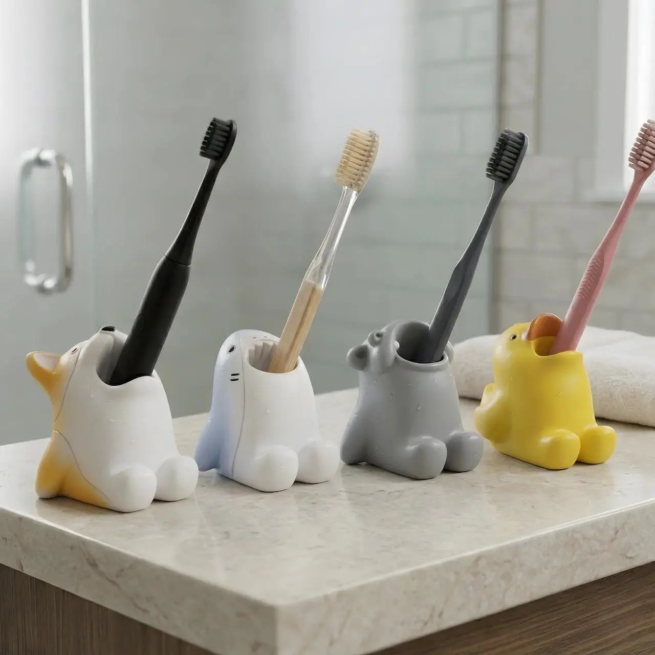 Cute Animal Big Mouth Toothbrush Holder - Waterproof Resin Duck, Corgi, Shark Desktop Organizer | Creative Bathroom Storage Rack
