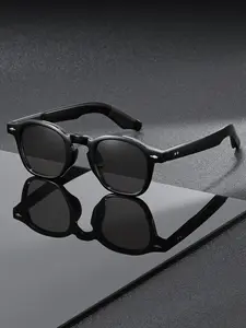Vintage Frame Round Sunglasses, Classic Rivet Details Uv400 Protection, Non-Slip Temple Comfortable Nose Bridge, Unisex Fashion Glasses