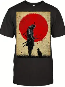 Japanese Samurai & Black Cat T-Shirt - Vintage Retro Katana design, Plus Size Breathable Casual Tee with Samurai Warrior Art, Non- Fabric for & Casual Attire, PLUS SIZE