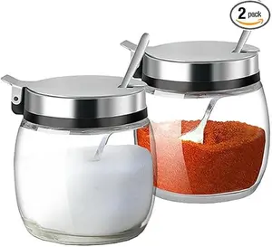 2Pcs Sugar Salt Container Set 8 oz Glass Jar with Lid & Spoon for Condiments Coffee Sugar Cubes Spices 3.15" x 2.5" x 0.8"