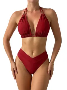 JointlyCreating Women's 2-Piece Cheeky High-Cut Triangle Bikini Set - Cute Halter Top Swimsuit for Sports, Outdoor Activities