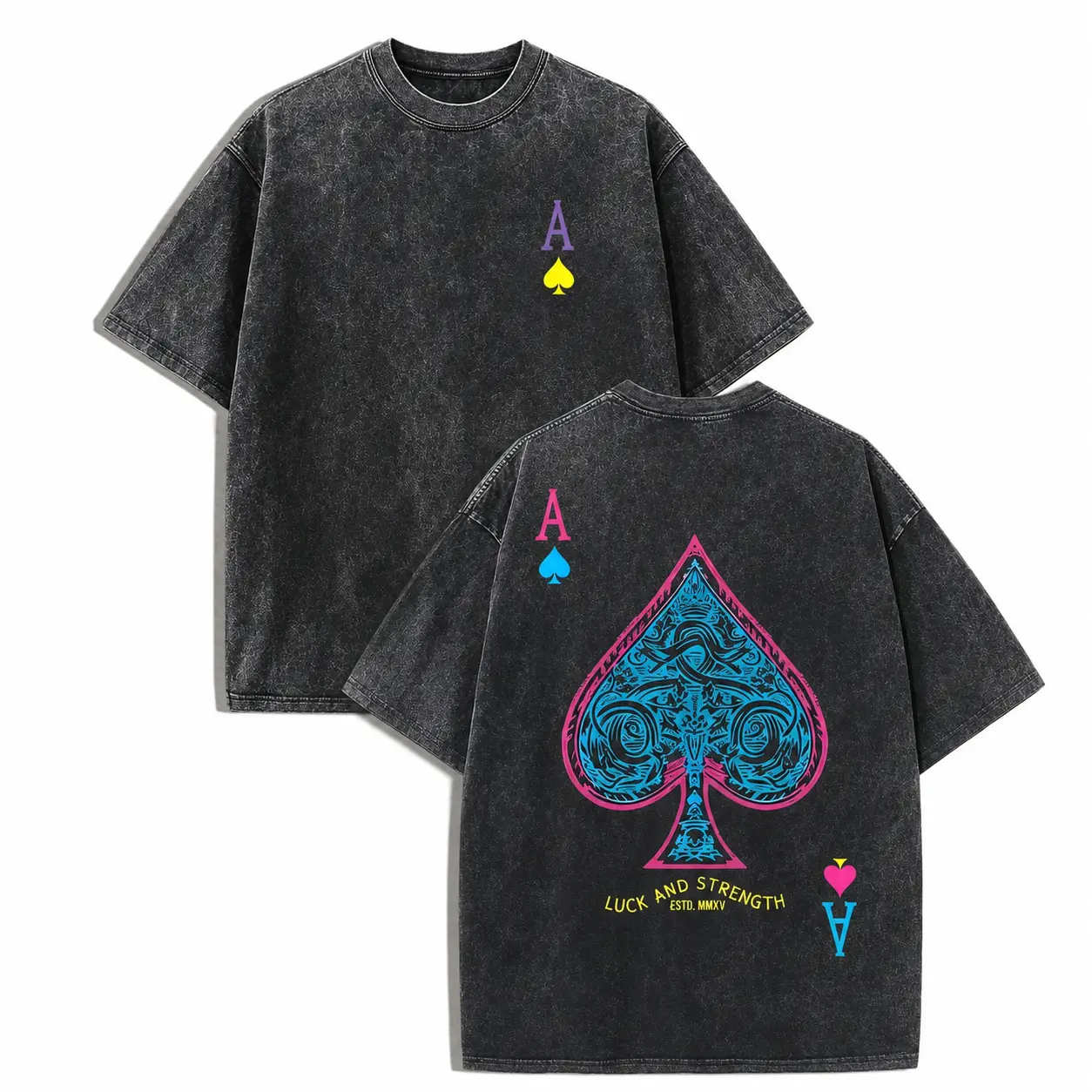 Ace Spade Vintage Washed T-Shirt – Oversized Poker Card Graphic Tee for Men, Dark Streetwear Casual Shirt with Luck & Strength Design, Gift for Card Lovers