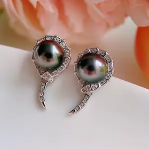 Piswency Genuine Black Tahitian Pearl Snake Design Stud Earrings, Round Strong Luster Pearls 925 Sterling Silver Jewelry, Unique Gift for Her