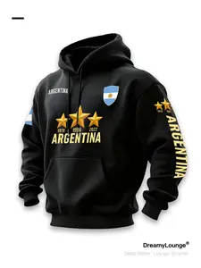 Argentina Men's World Cup Print Long Sleeve Hoodie, Casual Sporty Hooded Sweatshirt, Home Wear, Outdoor Use, All Seasons, Street Style