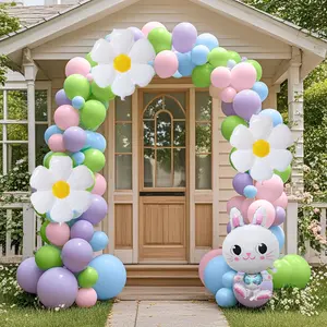130-piece Easter Bunny Colorful Latex Balloon Arch Kit, including teal, blue, pink, and purple latex balloons, 1 bunny-shaped and 3 daisy-shaped foil balloons; suitable for Easter decorations, birthday parties, baptisms, gender reveals, proms,