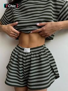 two-piece set women's striped print drop shoulder tee & wrap split shorts pajamas set, comfy short sleeve t-shirt & elastic waist shorts pj set, back to school wear lounge sets, pajama sets women, fall clothes