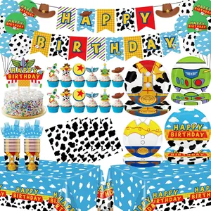 130pcs Story Birthday Party Decorations Tableware Set for 20 Guests Include Banner, Cupcake Topper, Cake Topper,Paper Plates,Napkins and Cups,Plastic Tablecloth and Forks,Latex Balloons