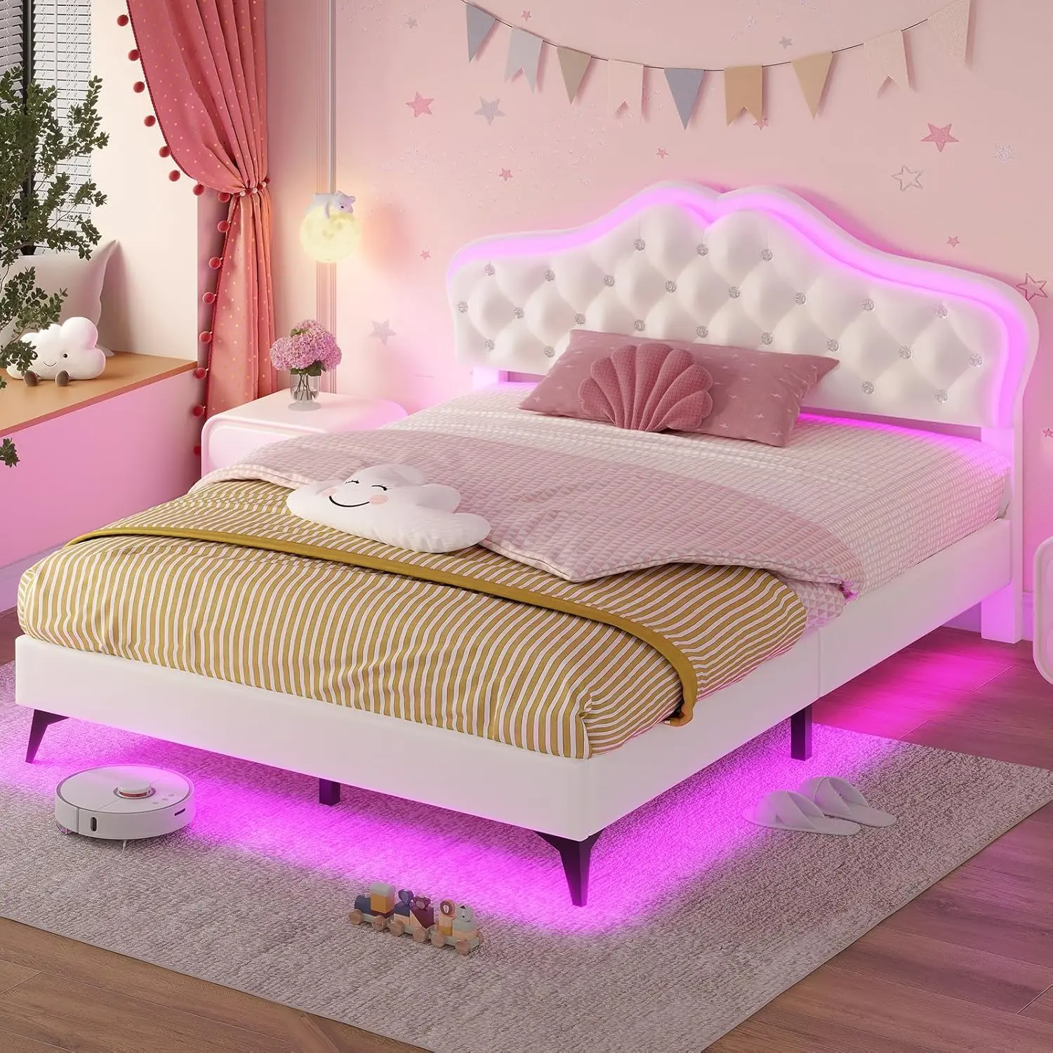 [SummerSale] Sikaic Queen Bed Frame with RGB LED Lights, Princess Bed Frame with Adjustable Crystal Button Headboard, Velvet Upholstered Platform Bed for Girls, Solid Wooden Slats, Easy Assembly, Creamy White, Home Furniture, Dorm Essentials