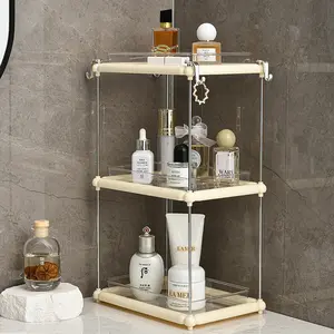 Miaoli Three-Tier Corner Bathroom Storage Rack, Clear Countertop Shelving Unit, Cosmetic and Perfume Tray Stand with Gold Metal Rods, Skincare Product Sink Storage Rack for Vanities and Kitchens, Clear and Smooth