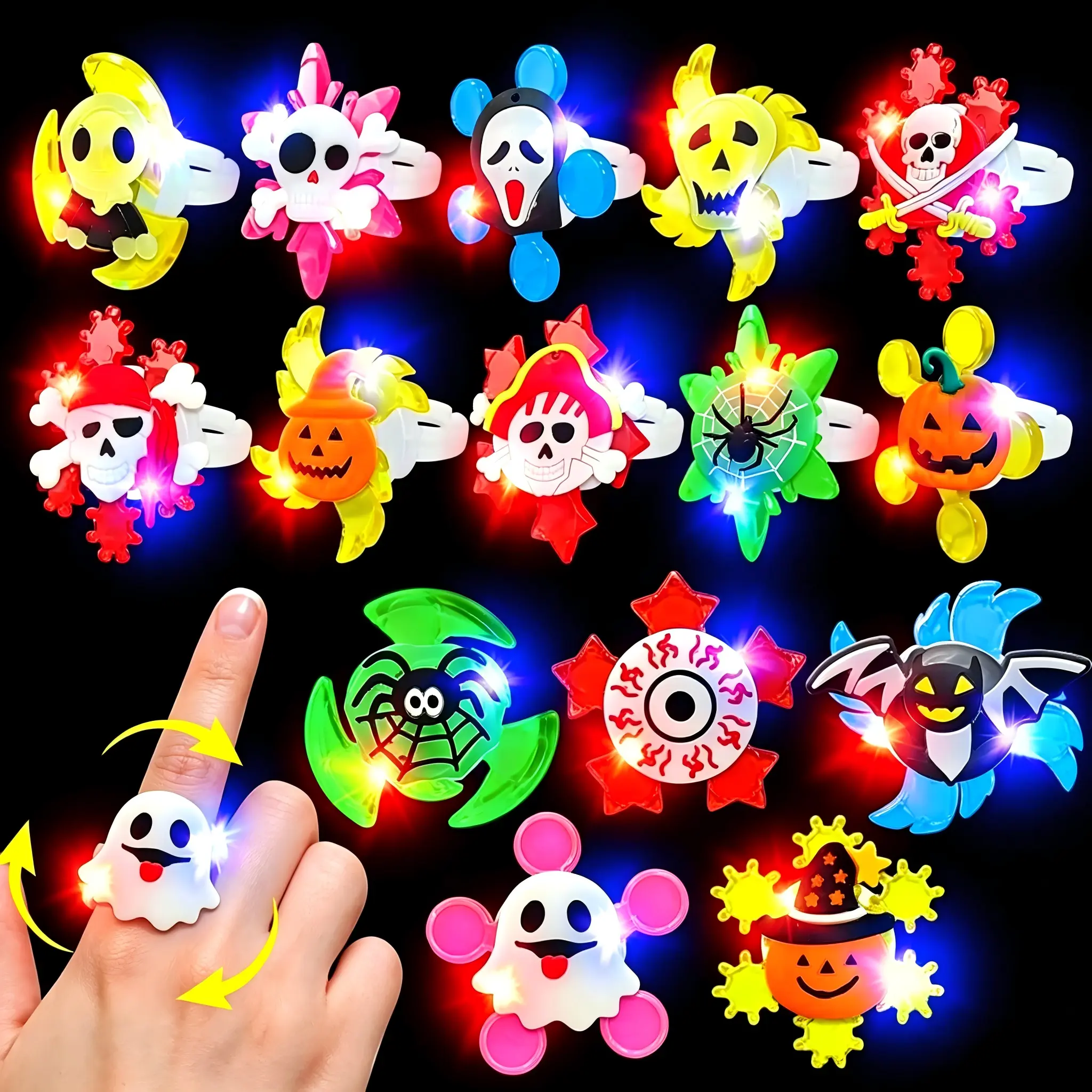 Halloween Glowing Gyro Ring, Manual Spin LED Flash Pumpkin Ghost Skull Stress Relief Party Jewelry