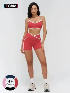 Women's Quick-Drying Sporty Yoga Set, Tight-Fitting Colorblock Casual Sports, Outdoor Running Fitness Gym Wear, Above the Knee Plain Design, Yoga Clothes Set