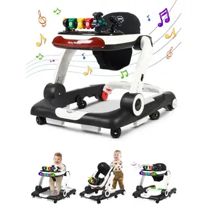 Music and Lights Baby Walker with Wheels, 6 in 1 Baby Activity Center w/Ergonomic backrest Design, Baby Walkers for Boys w/Foot Pads, Music Bouncer Walkers for Boys Girls Babies 6-18 Months, Black