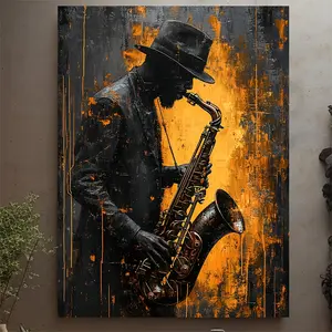 An abstract musical canvas print, with wooden frame - black-suited and hat-wearing saxophonist, bright orange and black background, ideal choice for music lovers, music wall decoration | Vibrant Wall Art | Professional print quality, music room decoration