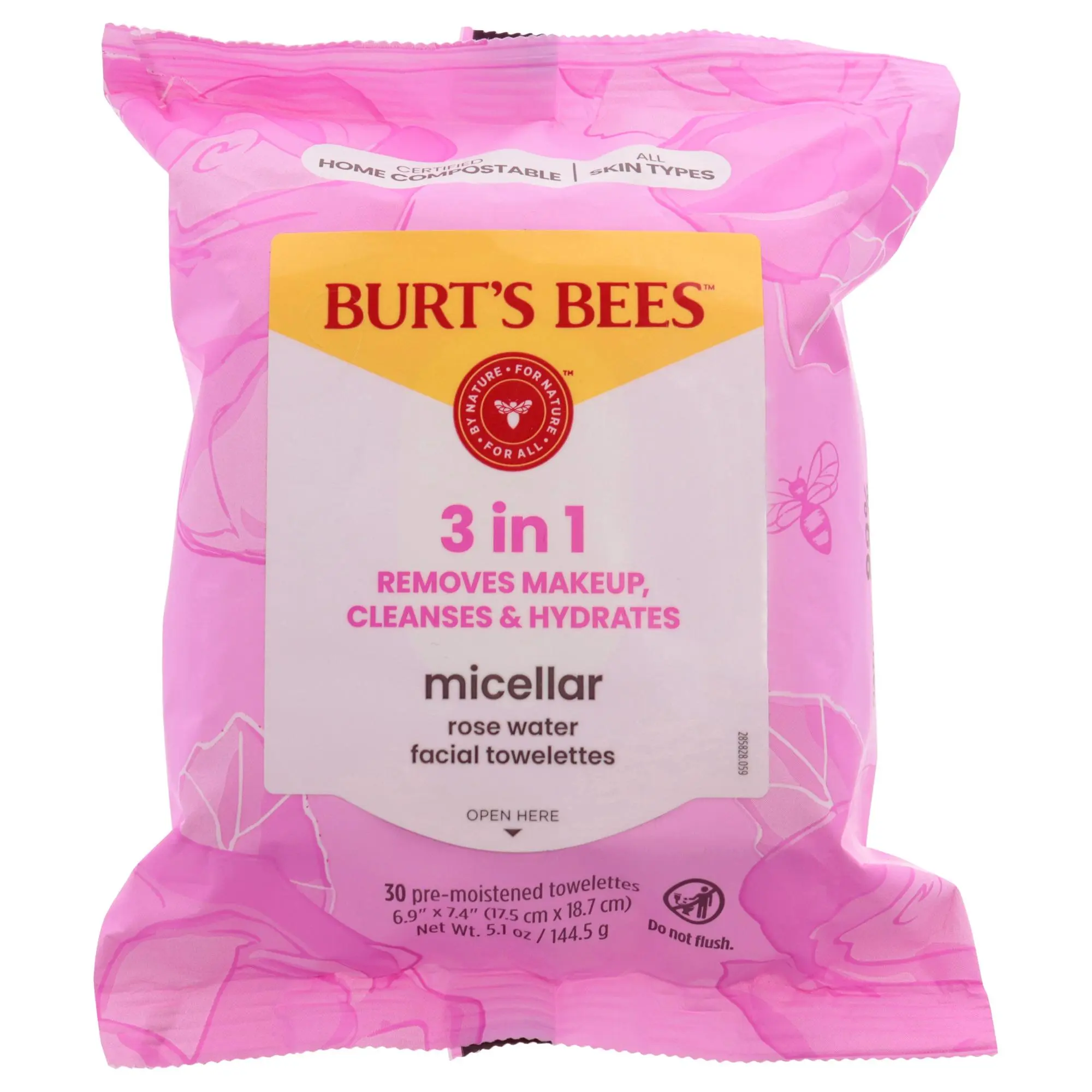 Burt's Bees Gentle Hydrating Rose Water Micellar Makeup Remover Towelettes - Unisex Cosmetic Wipes for Adults, 30 Count