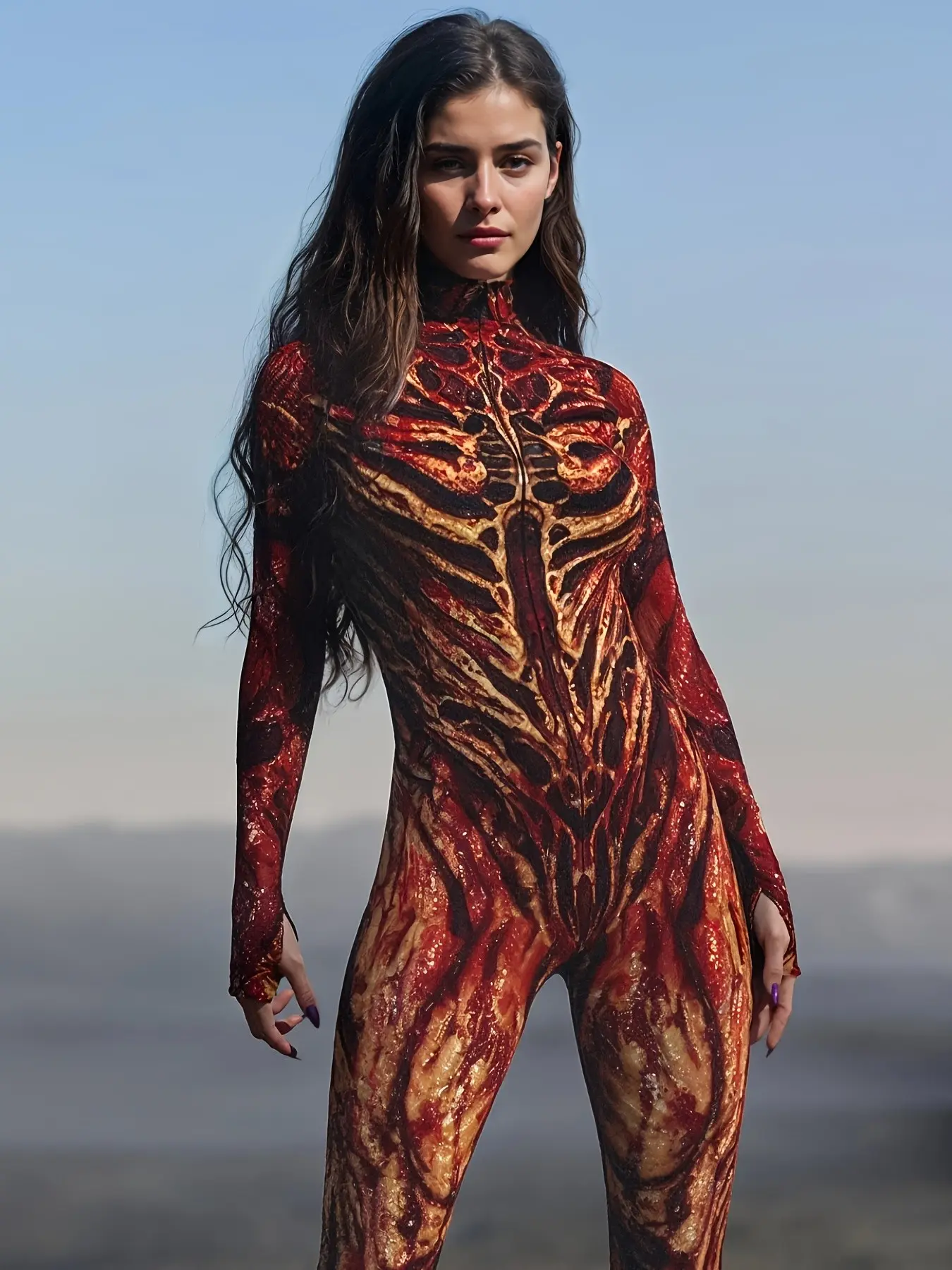 Fire Festival Bestseller, Flame Lava Pattern Tight Fitted Jumpsuit, Cyberpunk Style, Halloween Party Costume, Cosplay, Women's Sexy Jumpsuit, Womenswear, Clothes, Festival Costumes