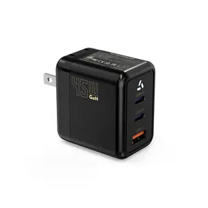 1pc 45W mobile phone charger, 45W fast charging with US plug, 1xUSB-A + 2xType-C, 110V-240V. Compatible with mainstream fast charging protocols such as QC3.0, PD3.0, SCP, AFC, PPS. Suitable for iPhone,  XIAOMI,HUAWEI,Samsung