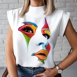 women's summer comfortable casual cap sleeve loose 3D human face print high collar T-shirt top, daily leisure, comfortable and breathable
