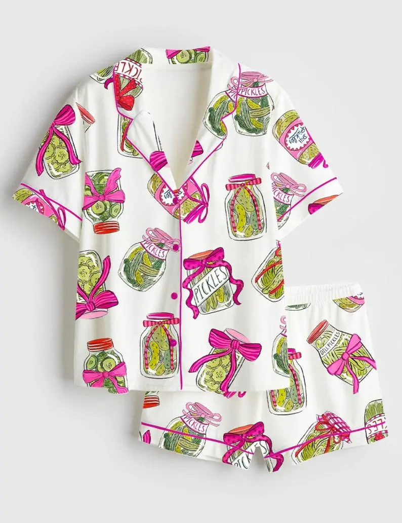 Pickle Lover Pajama Set with Pink Bows Satin Nightwear for Women Gift Short-Sleeve Top & Elastic Waist Pants Loungewear