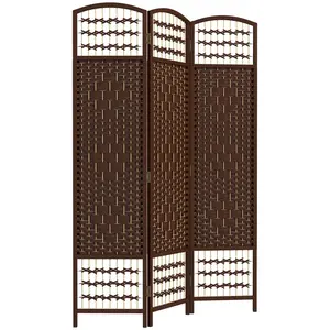3 Panel Folding Room Divider – Brown. Wave Fiber + Hand-Woven Paper Rope & Bamboo. Solid Wood Frame + Arched Top. 47.25" L x 0.5" D x 67" H. No Assembly