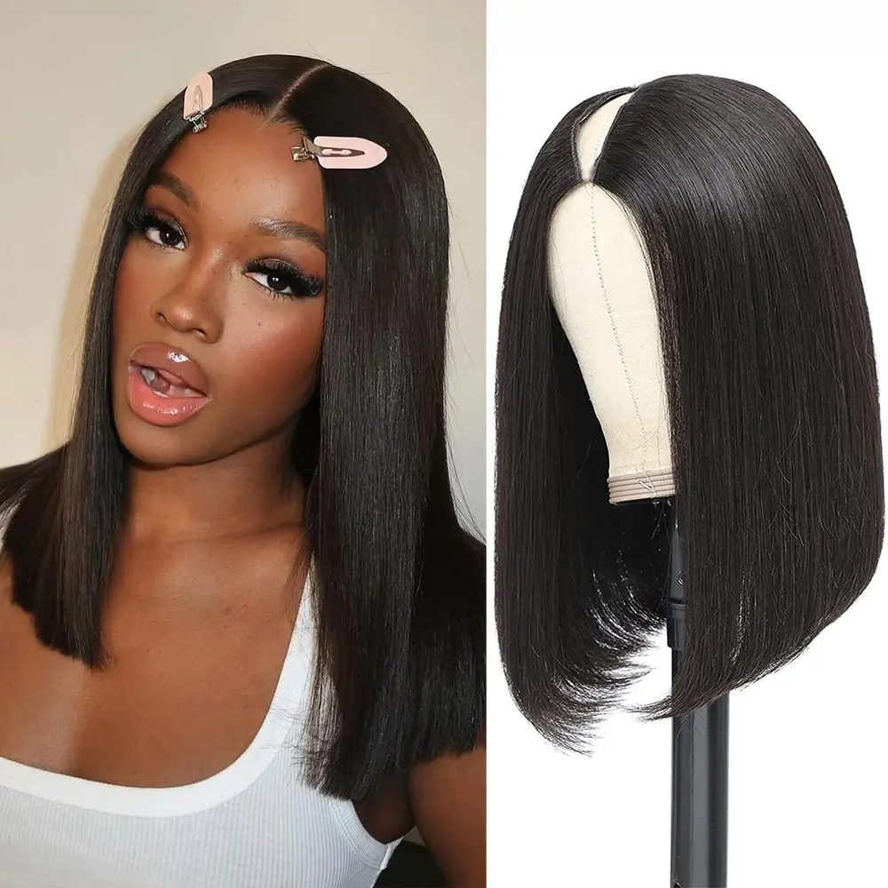 Women's 12-Inch Remy Human Hair Bob Cut Wig, Glueless V-Part Short Style, Clip-In U-Part, Beginner-Friendly, No Leave Out, Natural Black, Everyday Female Hair Extension, Hair Glueless Wig