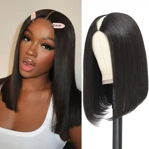 V Part Straight Bob Wig Human Hair 12 Inch Remy Short Bob Wigs For Women Natural Black Clip in U Part Beginner Friendly No Leave Out