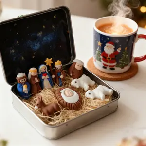 Mini tin box set containing a complete Christmas manor scene, including figures and animals, with a starry background