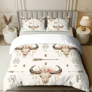 3PCS Duvet Cover Set, 1 Duvet+2 Pillowcases(Without filler), Western Bohemian Floral Skull Arrow Tribal theme, Halloween bedding set, Vintage Boho Bull Skull Bedding Suitable for decoration Bedroom, Guest Room, Lodge, Cabin.