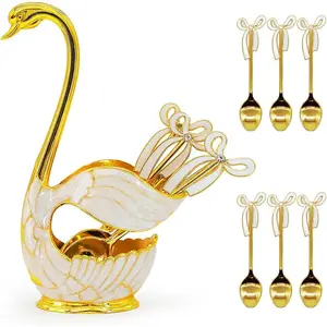 Coffee Dessert Spoon Set, Swan Base Holder with 6pcs Ice Cream Spoons Teaspoons Coffee Dessert Sugar Flatware (Gold)