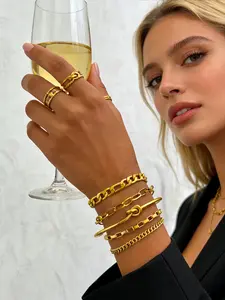 Viral 5-Piece Gold Bracelet Stack - 18K Gold Plated Stainless Steel Hypoallergenic Waterproof Bangles for Women