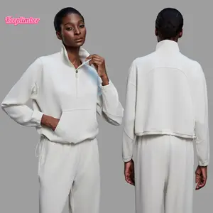 KEEPLIMBER Women's Female Stand Collar Half Zip Lightweight Air Soft Fabric Loose Fit Cropped Drawstring Hoodie Pullover Sweatshirts for Casual Daily Wear Yoga Sports Workout GYM Outfits