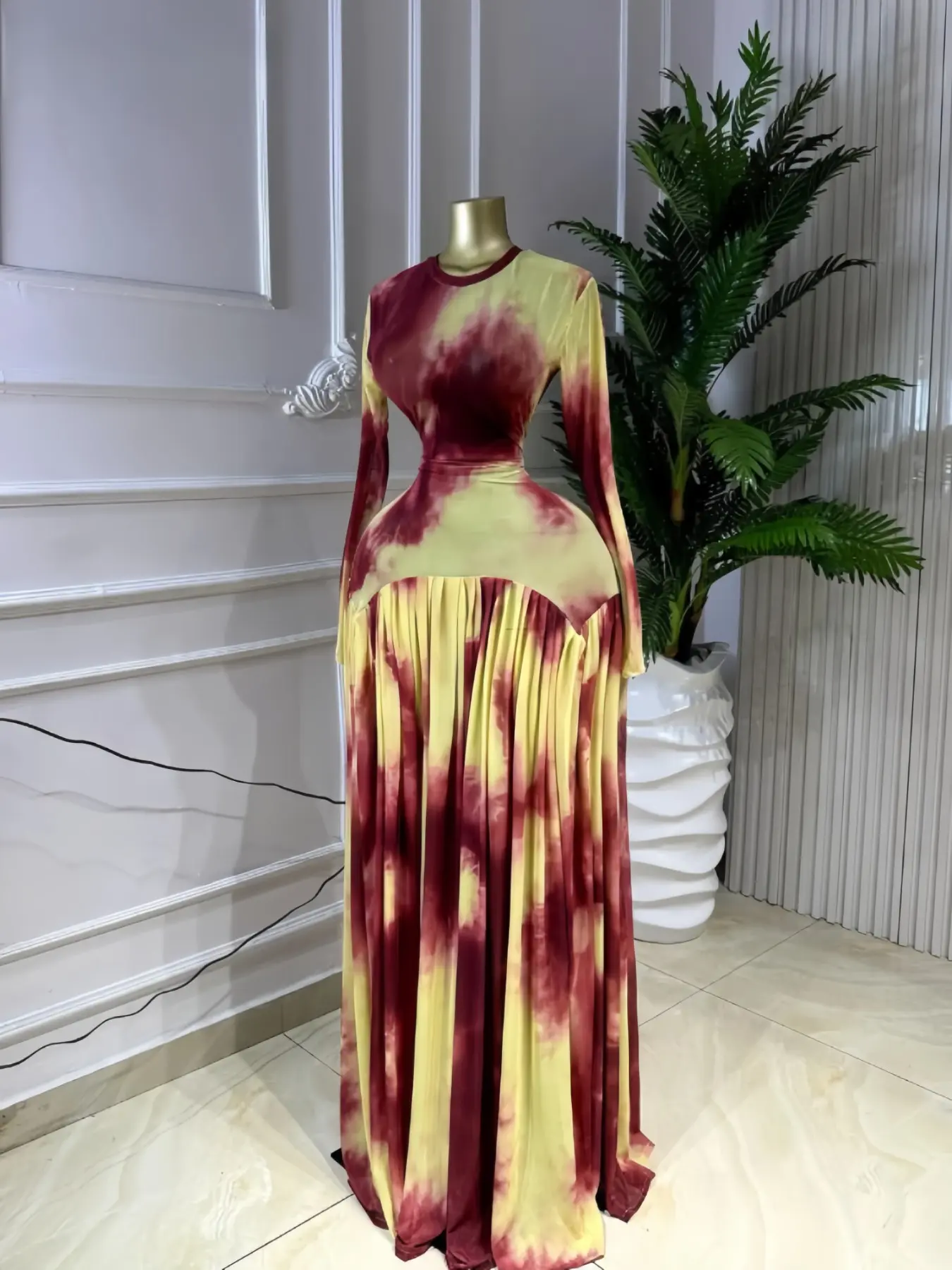 PULKRITU Elegant Women Tie Dye Print O-Neck Long Sleeve Ruffled Maxi Formal Ball Gown Prom Dress, Transparent Mesh Evening Glam Gown Birthday Vacation Party Outfit Gown, Female Fashion Romantic Dress, Sexy Mesh Sheer Lady Skirt, Womenswear Feminine