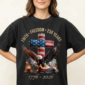Comfort Colors 1717 America 250 Years 1776-2026 Christian Patriotic Graphic Tee American Flag Cross Bald Eagle Shirt 4th Of July Independence Day Top Trendy Oversized Unisex Heavyweight Cotton T-Shirt Faith USA Pride Gift Men Women