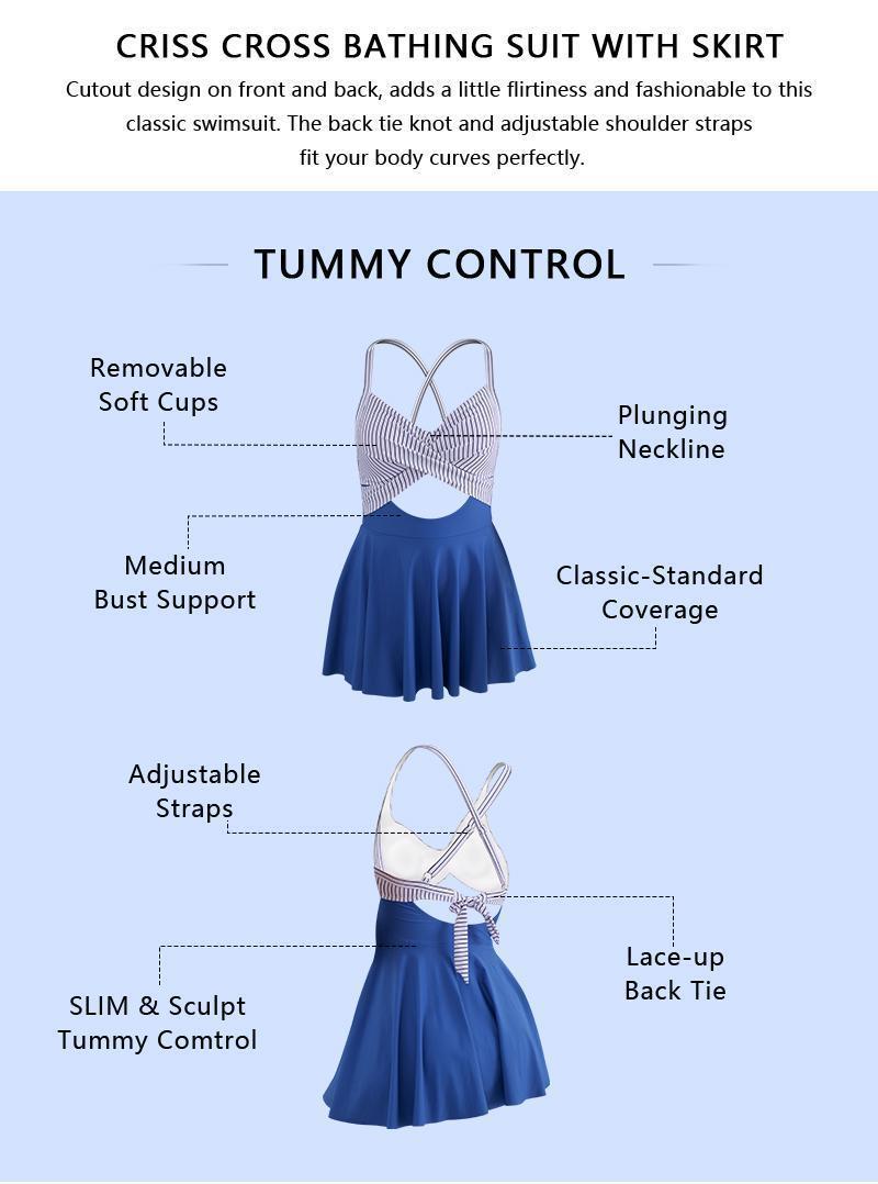Women Cutout One Piece Skirt Swimsuit V Neck Wrap Tie Back Swimdress Tummy Control Bathing Suits High Rise Swimwear High Waist Swimwsuit