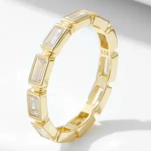 Cross-border  S925 Sterling Silver Geometric Rectangle Zircon Ring for Women, European and American INS Style, Stackable, Unique and Versatile Ring