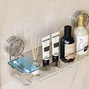 1pc Suction Cup Wall-Mounted Bathroom Shelf - No Drill Adhesive Installation, Heavy-Duty Suitable for Shower, Bathtub, Sink Storage with Hanging Shelf, Plastic Shelf Unit for Toiletries, Space-Saving Bath (No Removal), Shelves