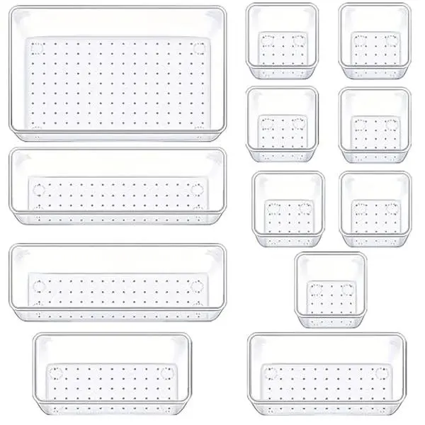 12-Piece Rectangular Organizer Storage Set, Stackable Non-Slip Plastic Bins for Makeup, Jewelry Organizer & Office Supplies, Home Organizing Solution